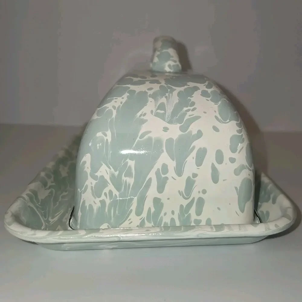 Creative Co-Op Mint Green Splatterware Enamel Covered Butter Dish Farmhouse